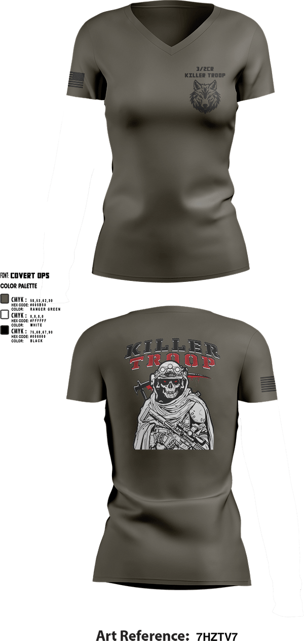 Womens Short Sleeve Vneck Shirt, 3/2CR Killer Troop, Army, Teamtime, Team time, sublimation, custom sports apparel, team uniforms, spirit wear, spiritwear, sports uniforms, custom shirts, team store, custom team store, fundraiser sports, apparel fundraiser