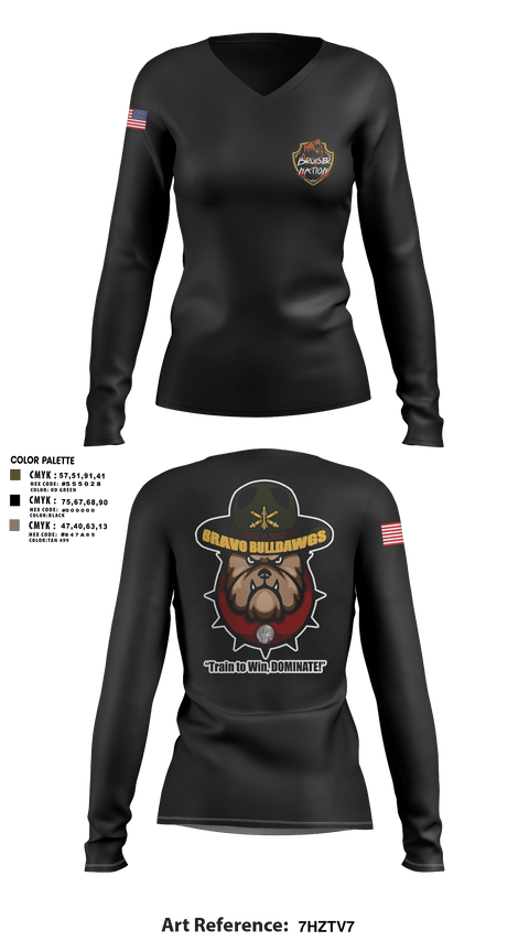 Womens Long Sleeve Vneck Shirt, Bravo Bulldawgs 3-6 ADARBulldawgs Battery, Army, Teamtime, Team time, sublimation, custom sports apparel, team uniforms, spirit wear, spiritwear, sports uniforms, custom shirts, team store, custom team store, fundraiser sports, apparel fundraiser