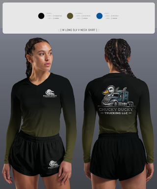 Womens Long Sleeve Vneck Shirt, Shucky Ducky Trucking, , Teamtime, Team time, sublimation, custom sports apparel, team uniforms, spirit wear, spiritwear, sports uniforms, custom shirts, team store, custom team store, fundraiser sports, apparel fundraiser