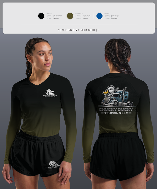 Womens Long Sleeve Vneck Shirt, Shucky Ducky Trucking, , Teamtime, Team time, sublimation, custom sports apparel, team uniforms, spirit wear, spiritwear, sports uniforms, custom shirts, team store, custom team store, fundraiser sports, apparel fundraiser