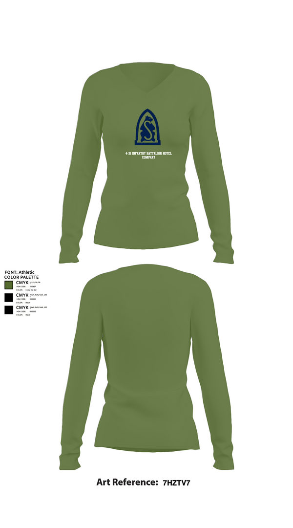 Womens Long Sleeve Vneck Shirt 1, 4-31 infantry battalion hotel company, Army, Teamtime, Team time, sublimation, custom sports apparel, team uniforms, spirit wear, spiritwear, sports uniforms, custom shirts, team store, custom team store, fundraiser sports, apparel fundraiser