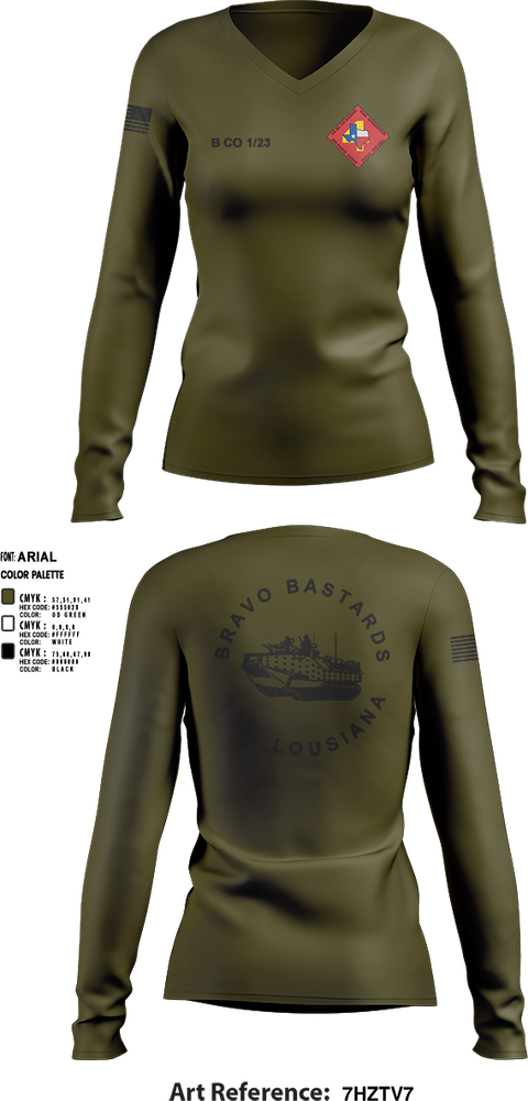 Womens Long Sleeve Vneck Shirt, Bravo 1/23 63480397, Marines, Teamtime, Team time, sublimation, custom sports apparel, team uniforms, spirit wear, spiritwear, sports uniforms, custom shirts, team store, custom team store, fundraiser sports, apparel fundraiser