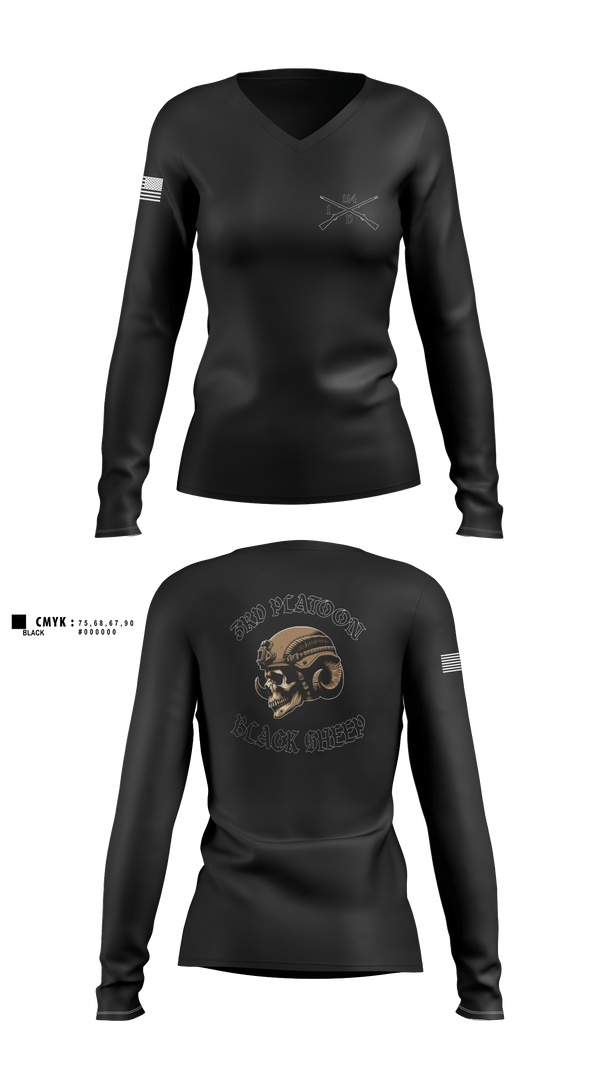 Women's Long Sleeve Vneck Shirt, 3rd PLT black sheep, Army, Teamtime, Team time, sublimation, custom sports apparel, team uniforms, spirit wear, spiritwear, sports uniforms, custom shirts, team store, custom team store, fundraiser sports, apparel fundraiser