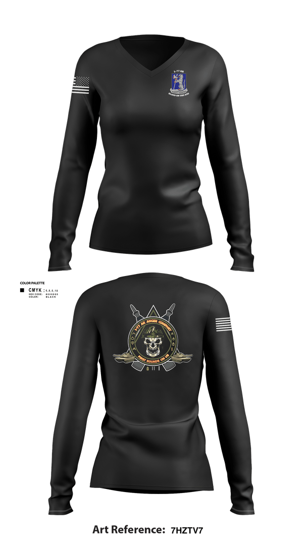 Womens Long Sleeve Vneck Shirt, 1-77 AR A Co., Army, Teamtime, Team time, sublimation, custom sports apparel, team uniforms, spirit wear, spiritwear, sports uniforms, custom shirts, team store, custom team store, fundraiser sports, apparel fundraiser
