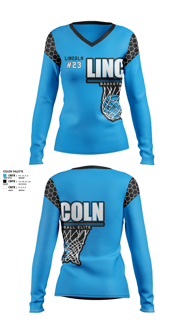 Womens Long Sleeve Vneck Shirt, Lincoln Basketball Elite, Men's Basketball, Teamtime, Team time, sublimation, custom sports apparel, team uniforms, spirit wear, spiritwear, sports uniforms, custom shirts, team store, custom team store, fundraiser sports, apparel fundraiser