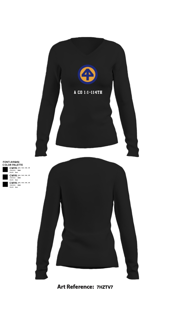 Women's Long Sleeve Vneck Shirt, A Co 1/1-114th, Army, Teamtime, Team time, sublimation, custom sports apparel, team uniforms, spirit wear, spiritwear, sports uniforms, custom shirts, team store, custom team store, fundraiser sports, apparel fundraiser