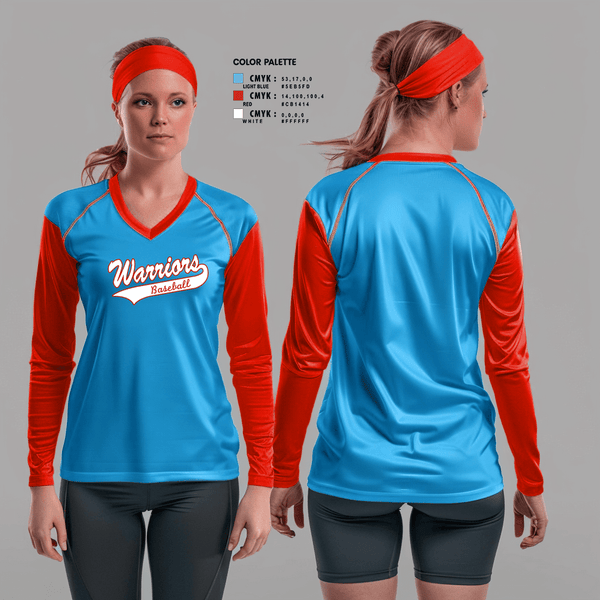 Womens Long Sleeve Vneck Shirt, Warriors baseball, Baseball, Teamtime, Team time, sublimation, custom sports apparel, team uniforms, spirit wear, spiritwear, sports uniforms, custom shirts, team store, custom team store, fundraiser sports, apparel fundraiser