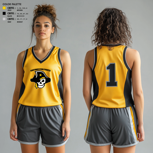 Basketball Uniform, Southwestern Pirates, Women's Basketball, Teamtime, Team time, sublimation, custom sports apparel, team uniforms, spirit wear, spiritwear, sports uniforms, custom shirts, team store, custom team store, fundraiser sports, apparel fundraiser