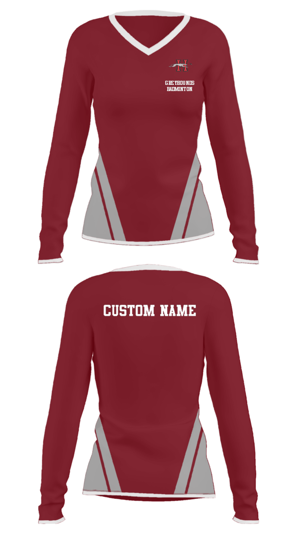Women's Long Sleeve Vneck Shirt, Greyhounds Badminton, Spirit Store, Teamtime, Team time, sublimation, custom sports apparel, team uniforms, spirit wear, spiritwear, sports uniforms, custom shirts, team store, custom team store, fundraiser sports, apparel fundraiser