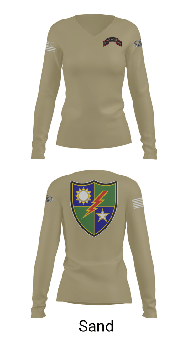 Women's Long Sleeve Vneck Shirt, 75th Ranger Regiment, Army, Teamtime, Team time, sublimation, custom sports apparel, team uniforms, spirit wear, spiritwear, sports uniforms, custom shirts, team store, custom team store, fundraiser sports, apparel fundraiser