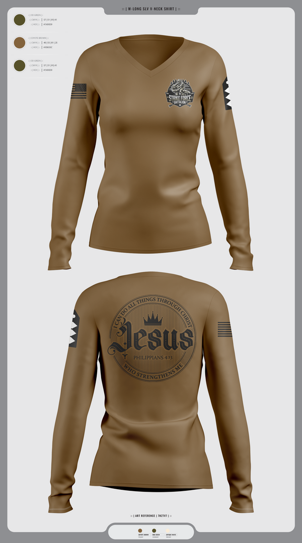 Womens Long Sleeve Vneck Shirt, Strike force Battalion, Army, Teamtime, Team time, sublimation, custom sports apparel, team uniforms, spirit wear, spiritwear, sports uniforms, custom shirts, team store, custom team store, fundraiser sports, apparel fundraiser