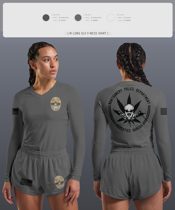Womens Long Sleeve Vneck Shirt, NARCOTICS BUREAU, Police, Teamtime, Team time, sublimation, custom sports apparel, team uniforms, spirit wear, spiritwear, sports uniforms, custom shirts, team store, custom team store, fundraiser sports, apparel fundraiser