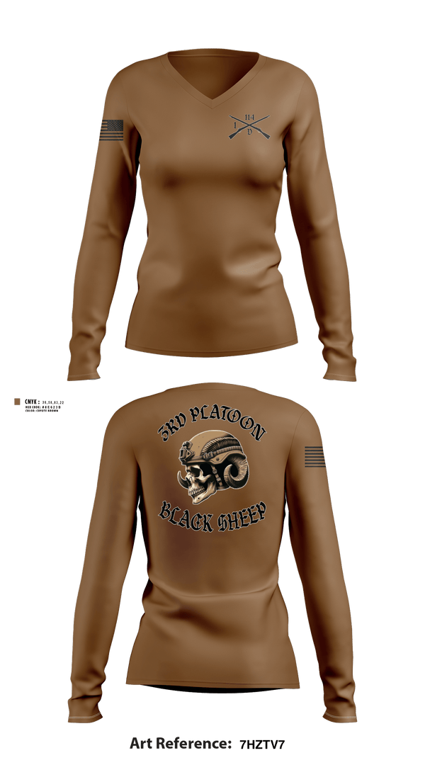Womens Long Sleeve Vneck Shirt, 3rd PLT Black SheepDelta company 114, Army, Teamtime, Team time, sublimation, custom sports apparel, team uniforms, spirit wear, spiritwear, sports uniforms, custom shirts, team store, custom team store, fundraiser sports, apparel fundraiser