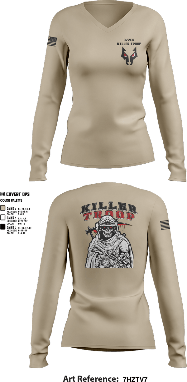 Womens Long Sleeve Vneck Shirt, 3/2CR Killer Troop, Army, Teamtime, Team time, sublimation, custom sports apparel, team uniforms, spirit wear, spiritwear, sports uniforms, custom shirts, team store, custom team store, fundraiser sports, apparel fundraiser