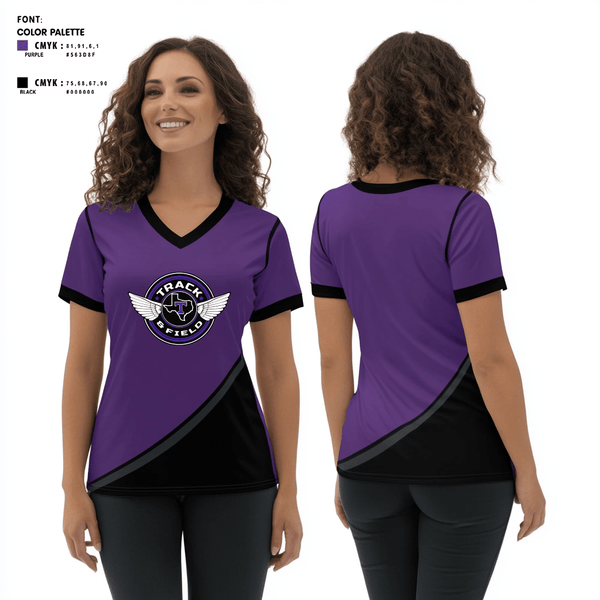 Womens Short Sleeve Vneck Shirt, Throckmorton High School Track and Field, Track & Field, Teamtime, Team time, sublimation, custom sports apparel, team uniforms, spirit wear, spiritwear, sports uniforms, custom shirts, team store, custom team store, fundraiser sports, apparel fundraiser