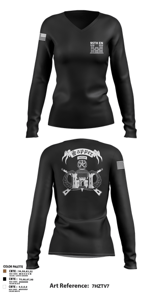 Womens Long Sleeve Vneck Shirt 1, 95TH EN, Army, Teamtime, Team time, sublimation, custom sports apparel, team uniforms, spirit wear, spiritwear, sports uniforms, custom shirts, team store, custom team store, fundraiser sports, apparel fundraiser