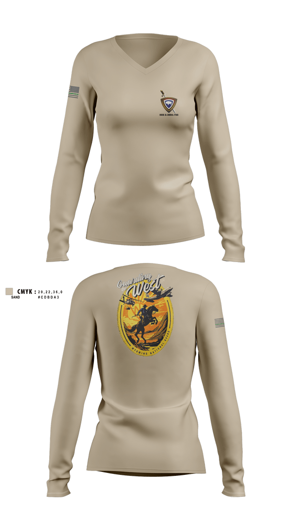 Womens Long Sleeve Vneck Shirt, HHB 2-300th FAR, National Guard, Teamtime, Team time, sublimation, custom sports apparel, team uniforms, spirit wear, spiritwear, sports uniforms, custom shirts, team store, custom team store, fundraiser sports, apparel fundraiser