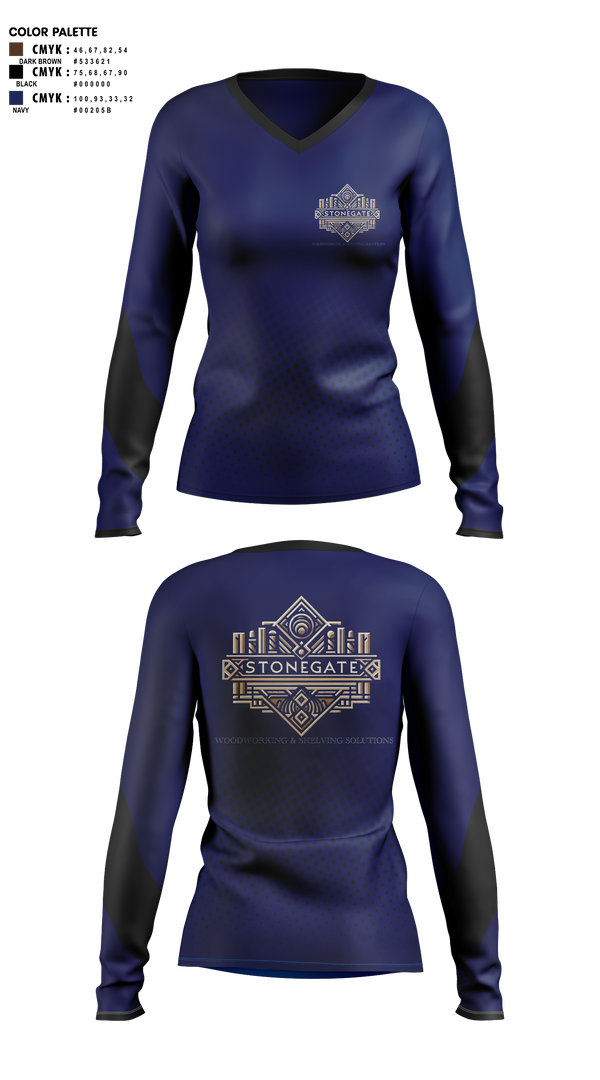 Womens Long Sleeve Vneck Shirt, STONEGATE, , Teamtime, Team time, sublimation, custom sports apparel, team uniforms, spirit wear, spiritwear, sports uniforms, custom shirts, team store, custom team store, fundraiser sports, apparel fundraiser