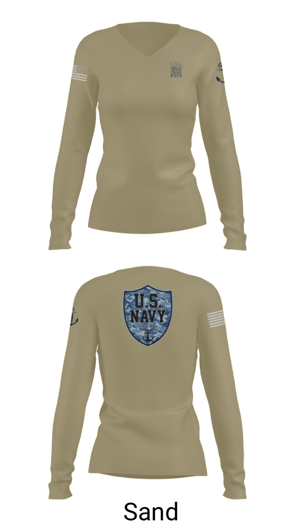 Women's Long Sleeve Vneck Shirt, CVN 77 George HW Bus, Navy, Teamtime, Team time, sublimation, custom sports apparel, team uniforms, spirit wear, spiritwear, sports uniforms, custom shirts, team store, custom team store, fundraiser sports, apparel fundraiser