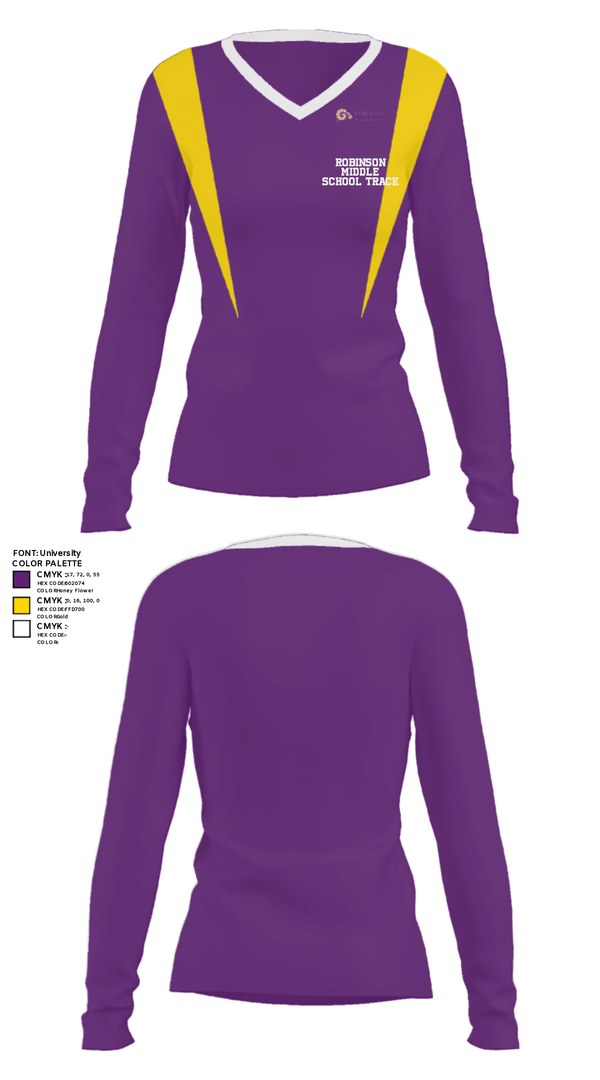 Women's Long Sleeve Vneck Shirt, Robinson Middle School Track, Track & Field, Teamtime, Team time, sublimation, custom sports apparel, team uniforms, spirit wear, spiritwear, sports uniforms, custom shirts, team store, custom team store, fundraiser sports, apparel fundraiser