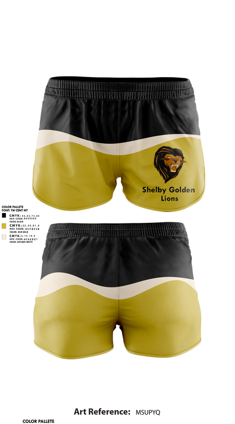 Womens Shorts, Shelby Golden Lions, Track & Field, Teamtime, Team time, sublimation, custom sports apparel, team uniforms, spirit wear, spiritwear, sports uniforms, custom shirts, team store, custom team store, fundraiser sports, apparel fundraiser