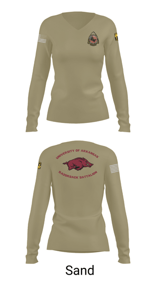 Womens Long Sleeve Vneck Shirt, University of Arkansas Army ROTC - Razorback Battalion, Army, Teamtime, Team time, sublimation, custom sports apparel, team uniforms, spirit wear, spiritwear, sports uniforms, custom shirts, team store, custom team store, fundraiser sports, apparel fundraiser