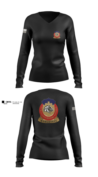 Womens Long Sleeve Vneck Shirt, 127th ASB WORKHORSE, Army, Teamtime, Team time, sublimation, custom sports apparel, team uniforms, spirit wear, spiritwear, sports uniforms, custom shirts, team store, custom team store, fundraiser sports, apparel fundraiser
