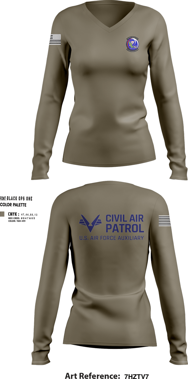 Womens Long Sleeve Vneck Shirt, VFW Post 8191Patrick Composite Squadron, Air Force, Teamtime, Team time, sublimation, custom sports apparel, team uniforms, spirit wear, spiritwear, sports uniforms, custom shirts, team store, custom team store, fundraiser sports, apparel fundraiser