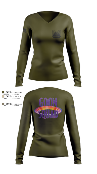 Womens Long Sleeve Vneck Shirt, GOON SQUAD, Army, Teamtime, Team time, sublimation, custom sports apparel, team uniforms, spirit wear, spiritwear, sports uniforms, custom shirts, team store, custom team store, fundraiser sports, apparel fundraiser