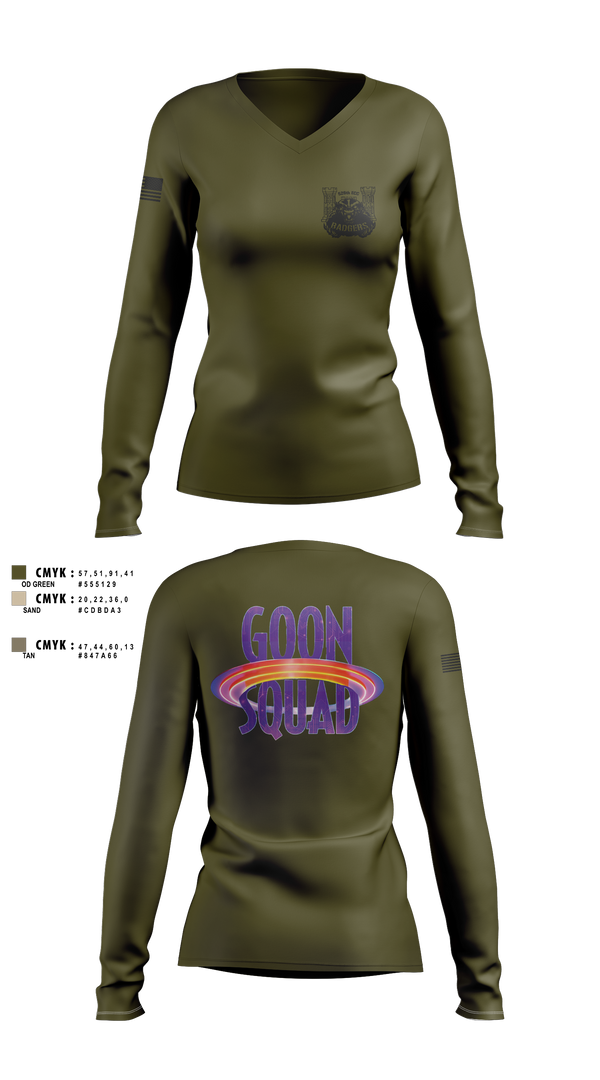Womens Long Sleeve Vneck Shirt, GOON SQUAD, Army, Teamtime, Team time, sublimation, custom sports apparel, team uniforms, spirit wear, spiritwear, sports uniforms, custom shirts, team store, custom team store, fundraiser sports, apparel fundraiser