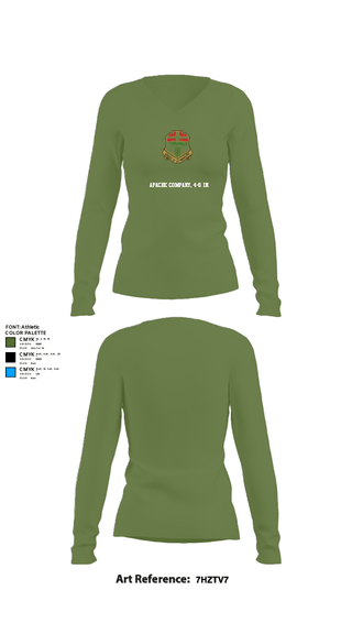 Women's Long Sleeve Vneck Shirt, Apache company, 4-6 IN, Army, Teamtime, Team time, sublimation, custom sports apparel, team uniforms, spirit wear, spiritwear, sports uniforms, custom shirts, team store, custom team store, fundraiser sports, apparel fundraiser