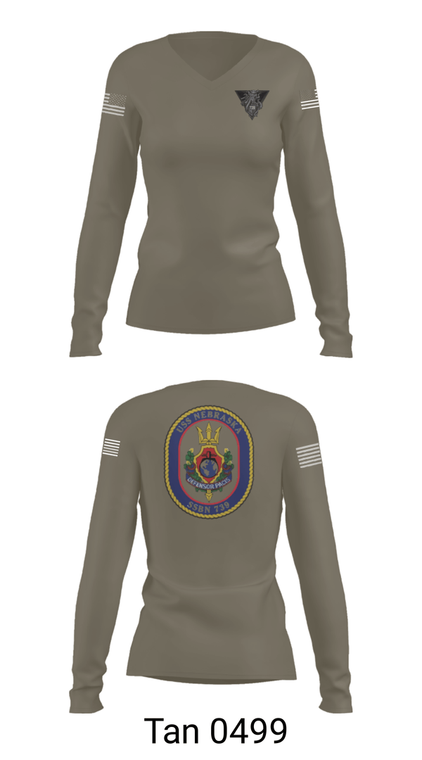 Women's Long Sleeve Vneck Shirt, USS Nebraska, Navy, Teamtime, Team time, sublimation, custom sports apparel, team uniforms, spirit wear, spiritwear, sports uniforms, custom shirts, team store, custom team store, fundraiser sports, apparel fundraiser