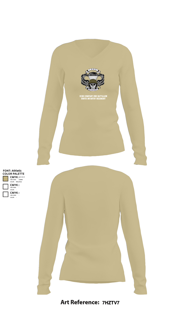 Womens Long Sleeve Vneck Shirt, Echo company 2nd battalion 258th infantry regiment, Army, Teamtime, Team time, sublimation, custom sports apparel, team uniforms, spirit wear, spiritwear, sports uniforms, custom shirts, team store, custom team store, fundraiser sports, apparel fundraiser