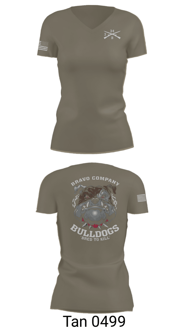 Women's Short Sleeve Vneck Shirt, B/3-34 Bulldogs, Army, Teamtime, Team time, sublimation, custom sports apparel, team uniforms, spirit wear, spiritwear, sports uniforms, custom shirts, team store, custom team store, fundraiser sports, apparel fundraiser
