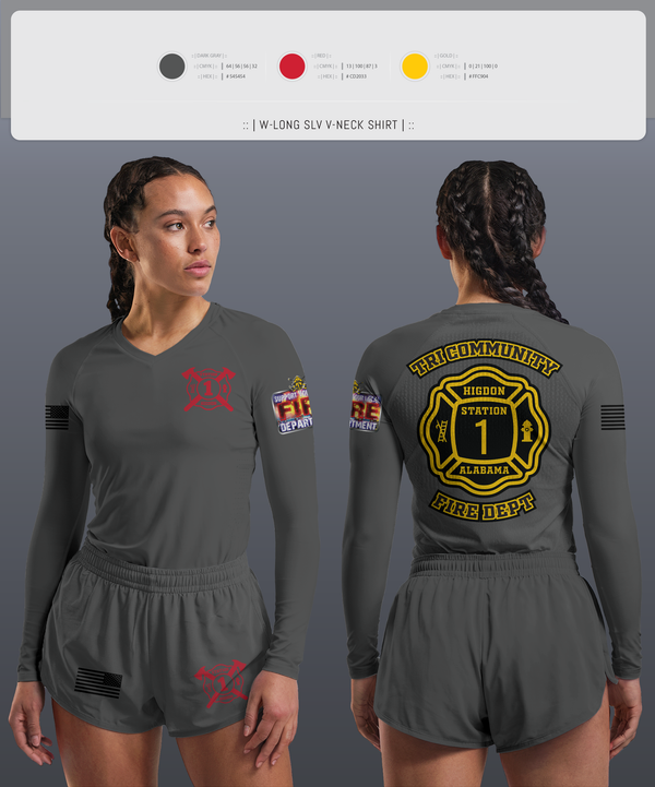 Womens Long Sleeve Vneck Shirt, Tri-Community fire, Fire Department, Teamtime, Team time, sublimation, custom sports apparel, team uniforms, spirit wear, spiritwear, sports uniforms, custom shirts, team store, custom team store, fundraiser sports, apparel fundraiser
