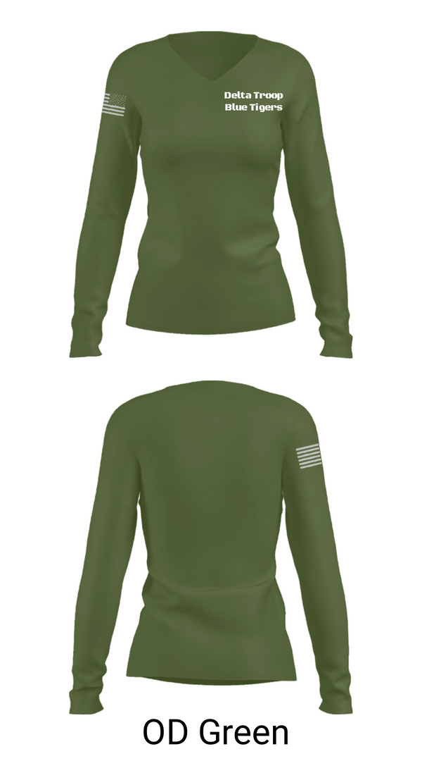 Women's Long Sleeve Vneck Shirt, Delta Troop Blue Tigers, Army, Teamtime, Team time, sublimation, custom sports apparel, team uniforms, spirit wear, spiritwear, sports uniforms, custom shirts, team store, custom team store, fundraiser sports, apparel fundraiser