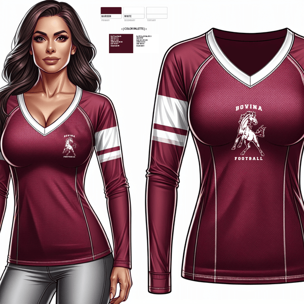 Womens Long Sleeve Vneck Shirt, Bovina High School Football, Football, Teamtime, Team time, sublimation, custom sports apparel, team uniforms, spirit wear, spiritwear, sports uniforms, custom shirts, team store, custom team store, fundraiser sports, apparel fundraiser