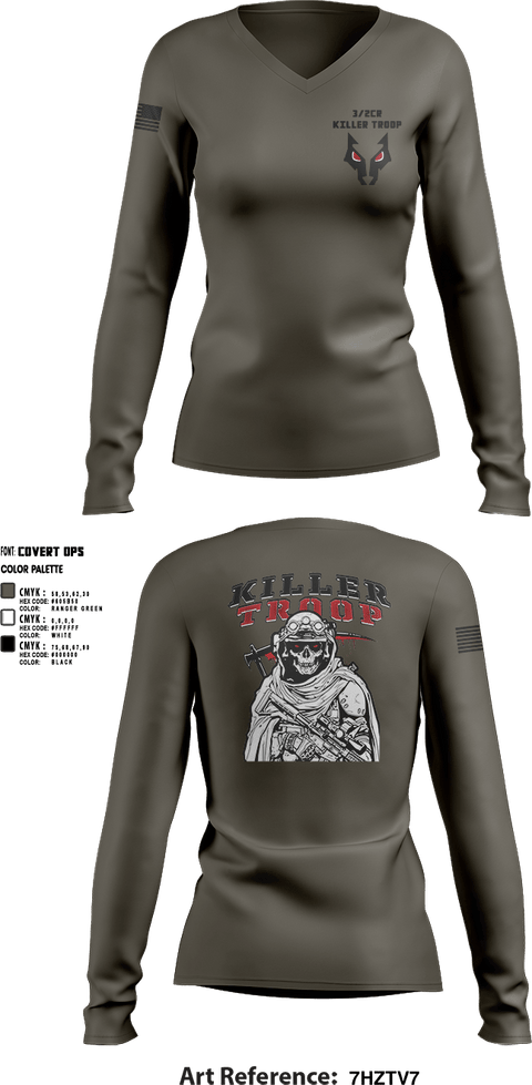 Womens Long Sleeve Vneck Shirt, 3/2CR Killer Troop, Army, Teamtime, Team time, sublimation, custom sports apparel, team uniforms, spirit wear, spiritwear, sports uniforms, custom shirts, team store, custom team store, fundraiser sports, apparel fundraiser