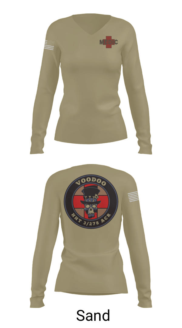 Women's Long Sleeve Vneck Shirt, Voodoo Medics, National Guard, Teamtime, Team time, sublimation, custom sports apparel, team uniforms, spirit wear, spiritwear, sports uniforms, custom shirts, team store, custom team store, fundraiser sports, apparel fundraiser