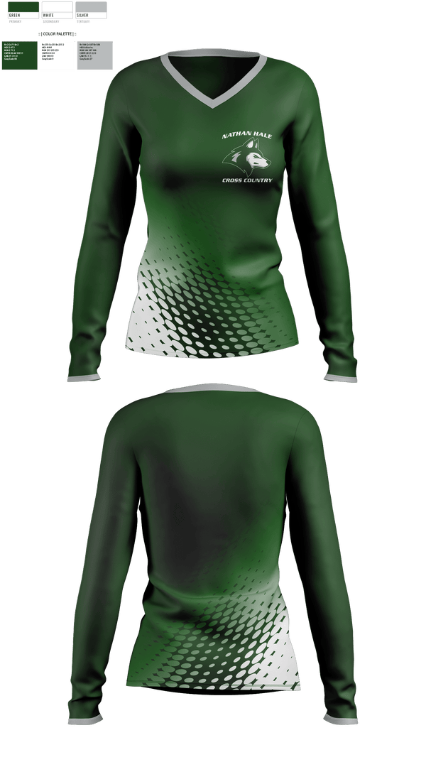 Womens Long Sleeve Vneck Shirt, Nathan Hale High School Cross Country, Cross Country, Teamtime, Team time, sublimation, custom sports apparel, team uniforms, spirit wear, spiritwear, sports uniforms, custom shirts, team store, custom team store, fundraiser sports, apparel fundraiser
