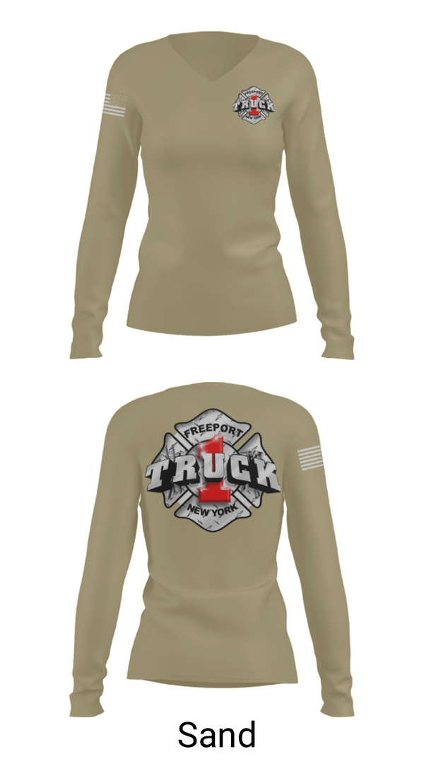 Women's Long Sleeve Vneck Shirt, Truck 1, Fire Department, Teamtime, Team time, sublimation, custom sports apparel, team uniforms, spirit wear, spiritwear, sports uniforms, custom shirts, team store, custom team store, fundraiser sports, apparel fundraiser