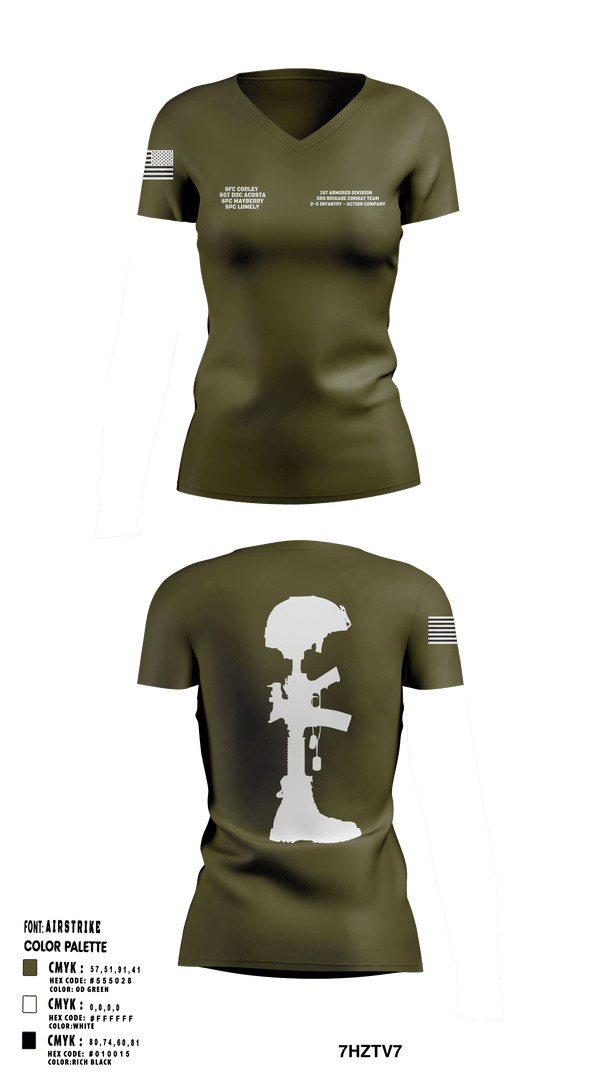 Womens Short Sleeve Vneck Shirt, 1st Armored Division - 3rd Brigade Combat Team - 2-5 Infantry Action Company, Army, Teamtime, Team time, sublimation, custom sports apparel, team uniforms, spirit wear, spiritwear, sports uniforms, custom shirts, team store, custom team store, fundraiser sports, apparel fundraiser