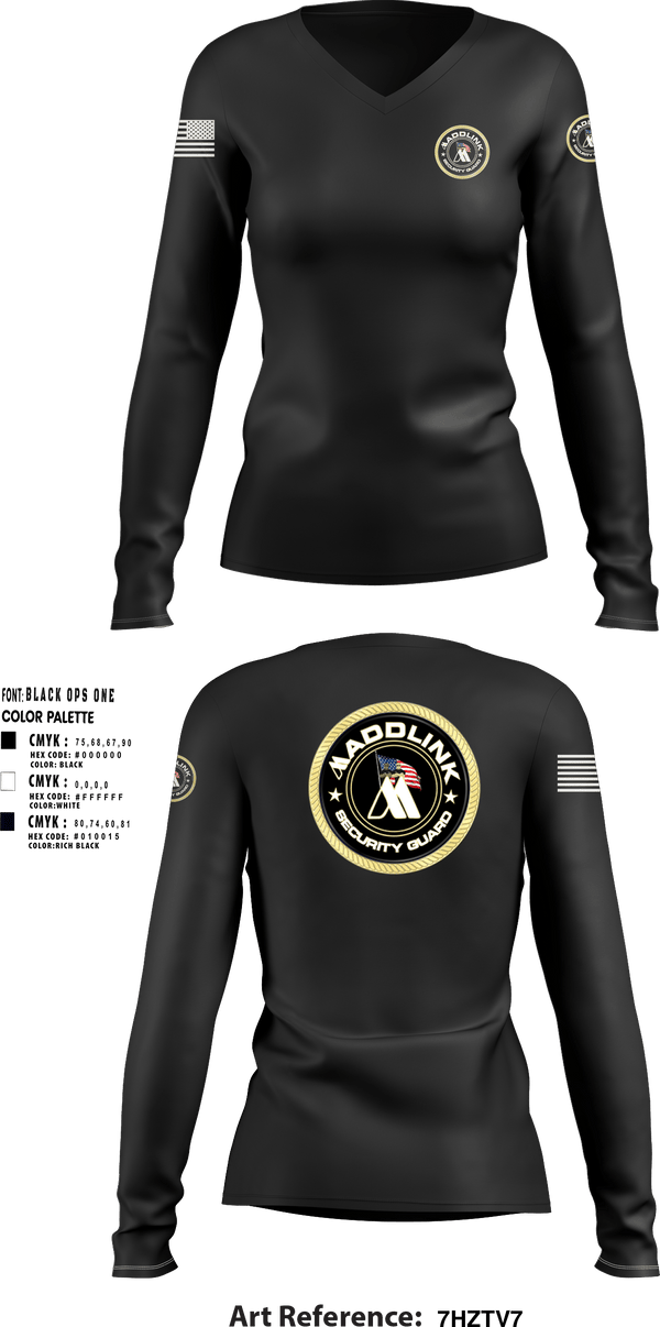 Womens Long Sleeve Vneck Shirt, Maddlink Security Guard, , Teamtime, Team time, sublimation, custom sports apparel, team uniforms, spirit wear, spiritwear, sports uniforms, custom shirts, team store, custom team store, fundraiser sports, apparel fundraiser
