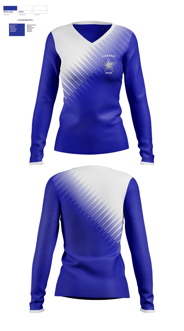 Womens Long Sleeve Vneck Shirt, Lagrange High School Soccer, Women's Soccer, Teamtime, Team time, sublimation, custom sports apparel, team uniforms, spirit wear, spiritwear, sports uniforms, custom shirts, team store, custom team store, fundraiser sports, apparel fundraiser