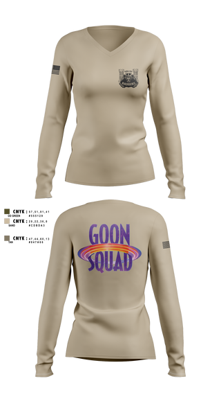 Womens Long Sleeve Vneck Shirt, GOON SQUAD, Army, Teamtime, Team time, sublimation, custom sports apparel, team uniforms, spirit wear, spiritwear, sports uniforms, custom shirts, team store, custom team store, fundraiser sports, apparel fundraiser