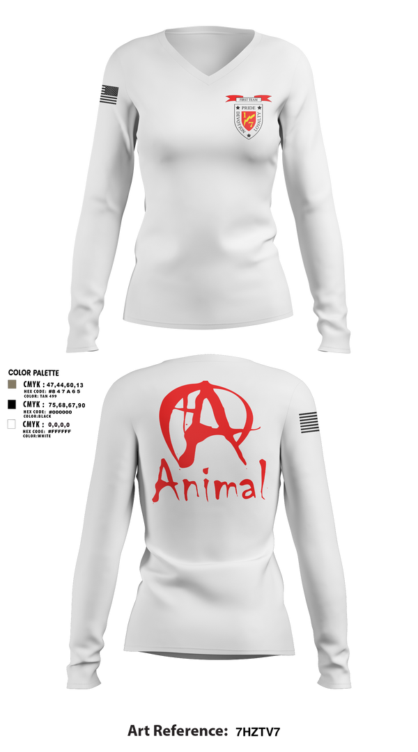 Womens Long Sleeve Vneck Shirt, 1/7 animal, Marines, Teamtime, Team time, sublimation, custom sports apparel, team uniforms, spirit wear, spiritwear, sports uniforms, custom shirts, team store, custom team store, fundraiser sports, apparel fundraiser