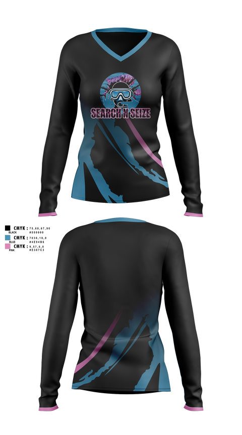 Womens Long Sleeve Vneck Shirt, SearchNSeize, Swimming, Teamtime, Team time, sublimation, custom sports apparel, team uniforms, spirit wear, spiritwear, sports uniforms, custom shirts, team store, custom team store, fundraiser sports, apparel fundraiser