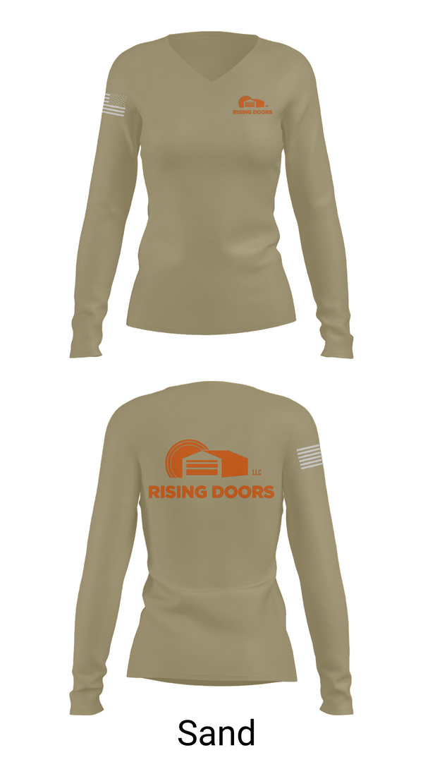 Womens Long Sleeve Vneck Shirt 1, Rising Doors, Army, Teamtime, Team time, sublimation, custom sports apparel, team uniforms, spirit wear, spiritwear, sports uniforms, custom shirts, team store, custom team store, fundraiser sports, apparel fundraiser