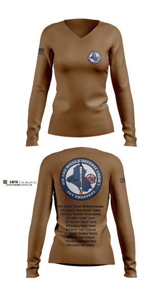 Womens Long Sleeve Vneck Shirt, Bravo Battery, 4th Battalion, 3rd Air Defense Artillery Regiment, Army, Teamtime, Team time, sublimation, custom sports apparel, team uniforms, spirit wear, spiritwear, sports uniforms, custom shirts, team store, custom team store, fundraiser sports, apparel fundraiser