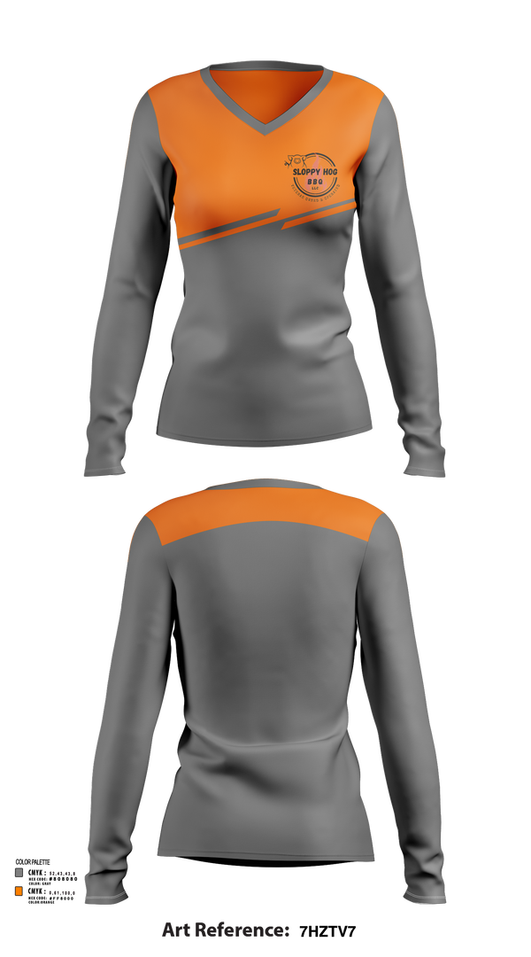 Womens Long Sleeve Vneck Shirt, Sloppy Hog BBQ, , Teamtime, Team time, sublimation, custom sports apparel, team uniforms, spirit wear, spiritwear, sports uniforms, custom shirts, team store, custom team store, fundraiser sports, apparel fundraiser